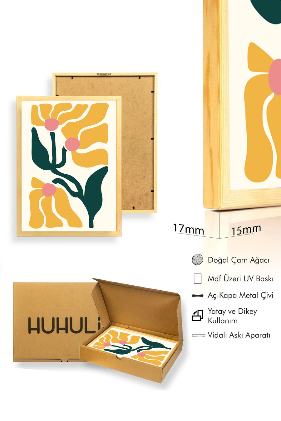 Doğal Ahşap Çerçeveli Retro Çiçek Tablo - Soyut Floral Desenli | huhu2645