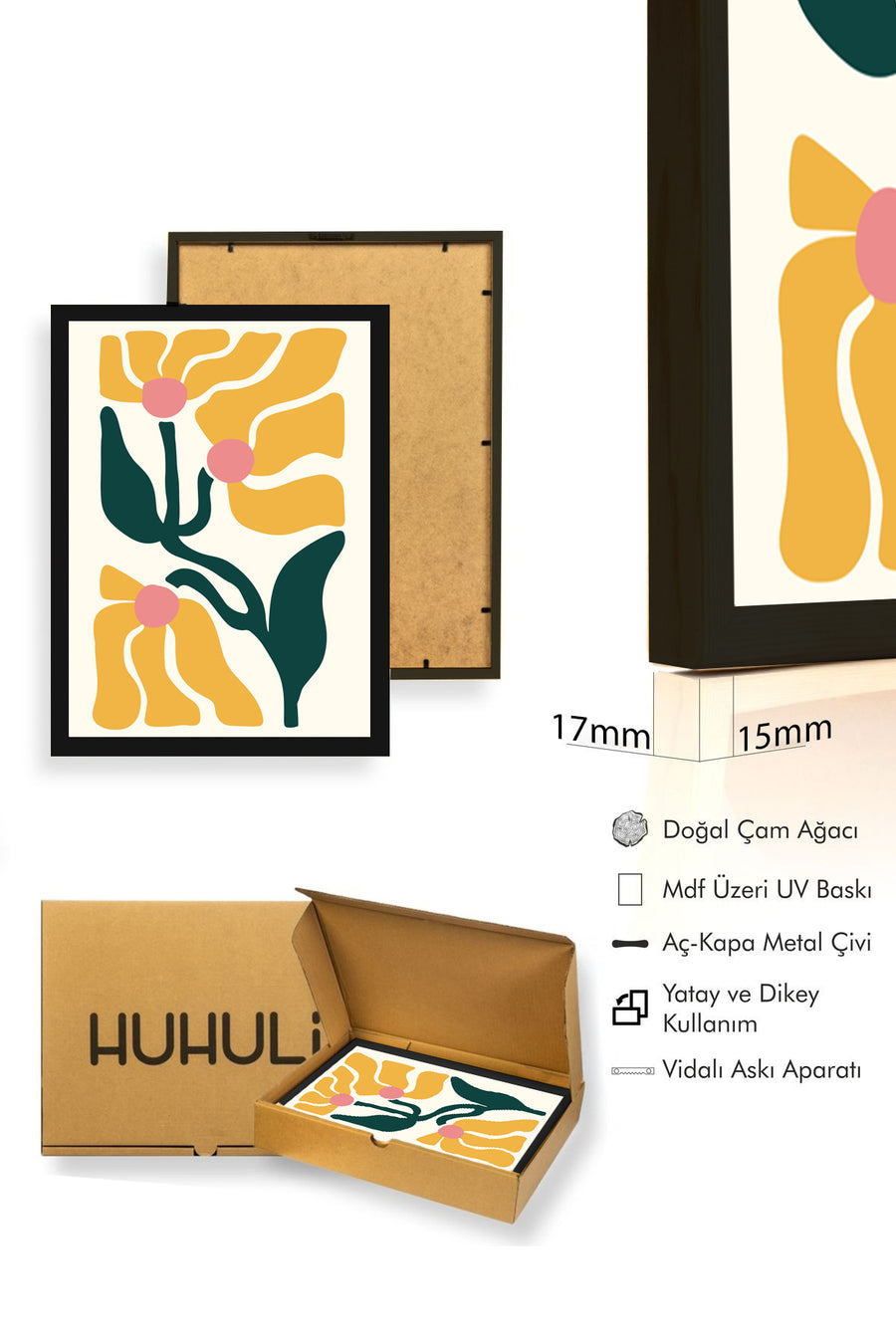 Doğal Ahşap Çerçeveli Retro Çiçek Tablo - Soyut Floral Desenli | huhu2645