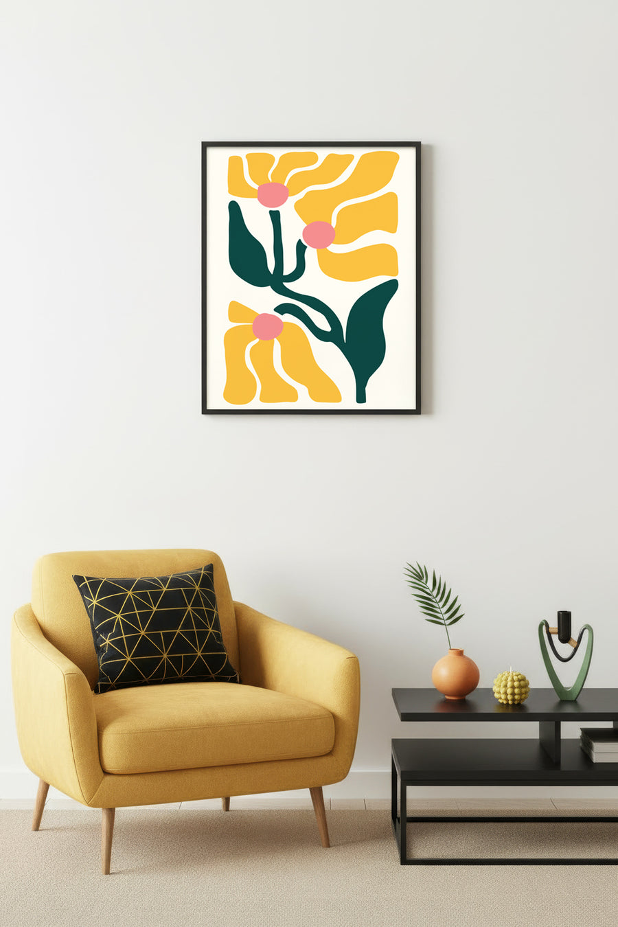 Doğal Ahşap Çerçeveli Retro Çiçek Tablo - Soyut Floral Desenli | huhu2645