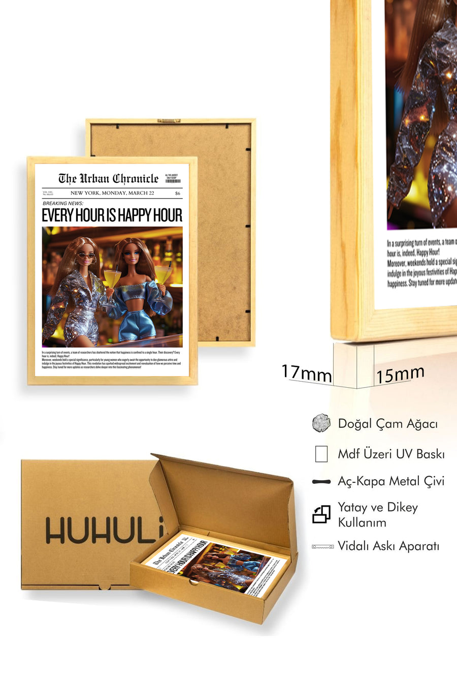 Doğal Ahşap Çerçeveli Retro Tablo - Canlı Vintage Desen | huhu2646