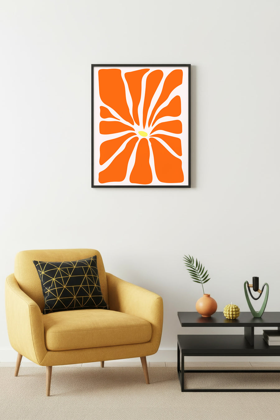 Doğal Ahşap Çerçeveli Retro Pop Art Tablo - Turuncu Soyut Çiçek Desenli | huhu2647