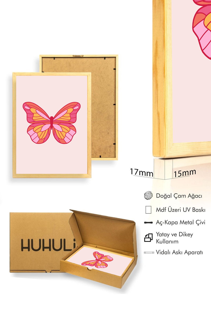 Doğal Ahşap Çerçeveli Retro Kelebek Tablo - Pop Art Desenli | huhu2648