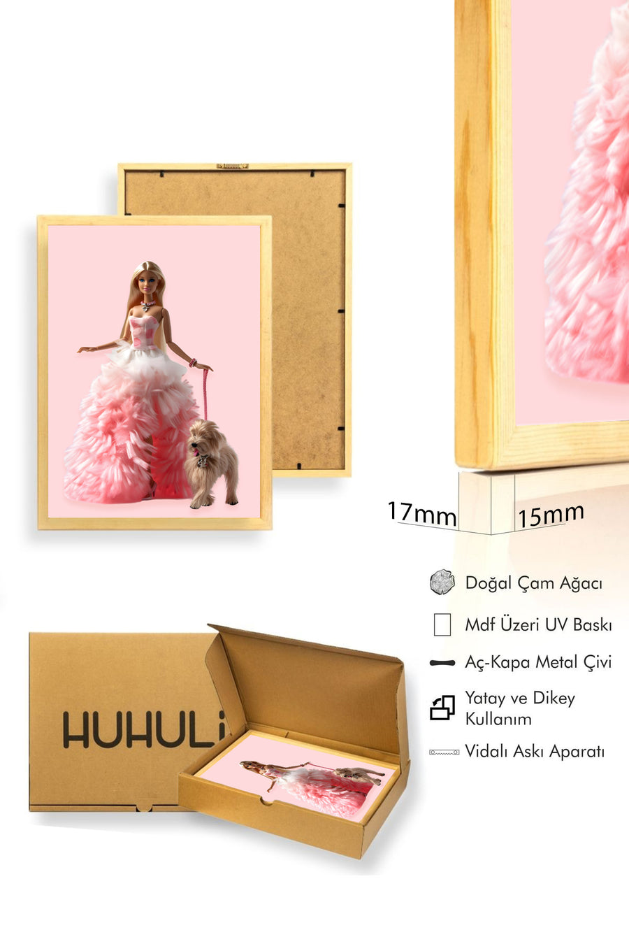 Doğal Ahşap Çerçeveli Retro Tablo - Pembe Vintage Stil | huhu2649