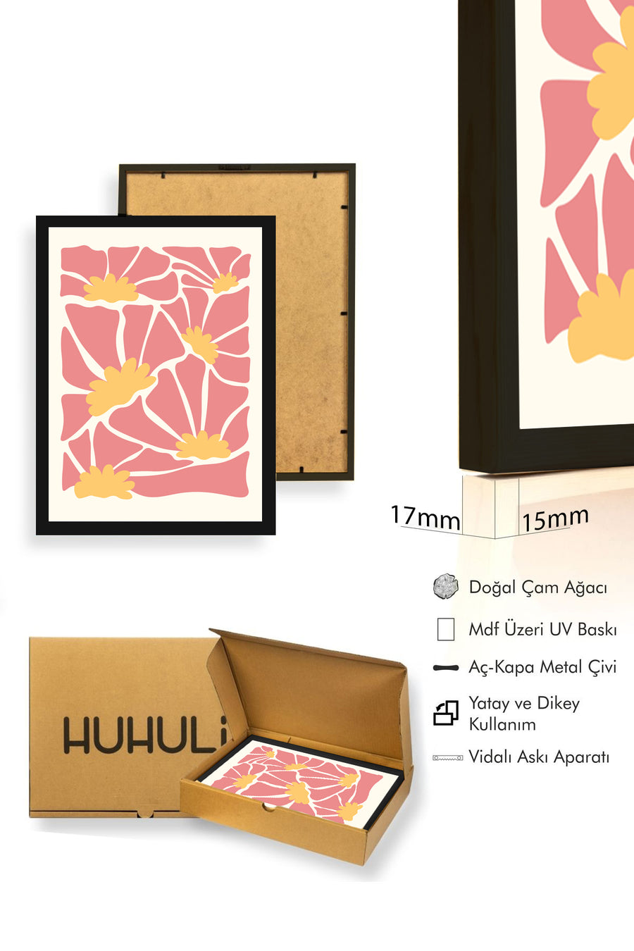 Doğal Ahşap Çerçeveli Retro Tablo - Pembe Tonlarda Soyut Çiçek Desenli | huhu2650