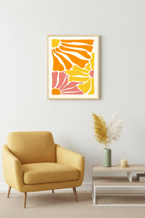 Doğal Ahşap Çerçeveli Abstract Retro Tablo - Canlı Turuncu Sarı Soyut Desen | huhu2652