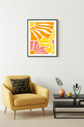 Doğal Ahşap Çerçeveli Abstract Retro Tablo - Canlı Turuncu Sarı Soyut Desen | huhu2652