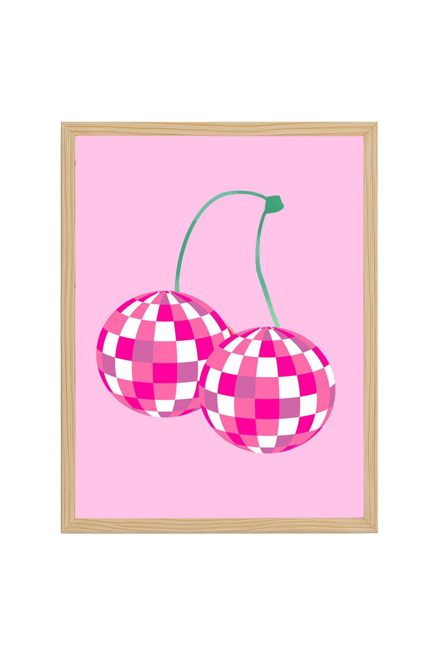 Doğal Ahşap Çerçeveli Retro Tablo - Pembe Beyaz Kareli Pop Art Tasarım | huhu2658