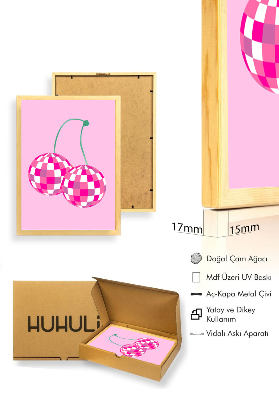 Doğal Ahşap Çerçeveli Retro Tablo - Pembe Beyaz Kareli Pop Art Tasarım | huhu2658