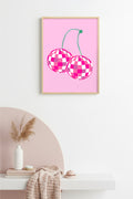 Doğal Ahşap Çerçeveli Retro Tablo - Pembe Beyaz Kareli Pop Art Tasarım | huhu2658
