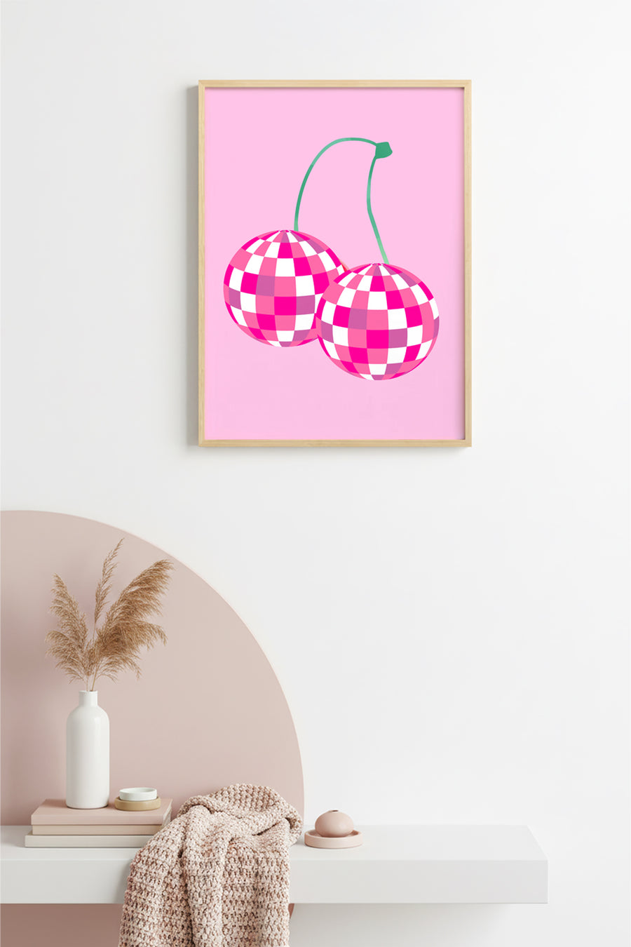 Doğal Ahşap Çerçeveli Retro Tablo - Pembe Beyaz Kareli Pop Art Tasarım | huhu2658