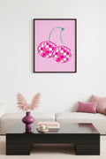 Doğal Ahşap Çerçeveli Retro Tablo - Pembe Beyaz Kareli Pop Art Tasarım | huhu2658