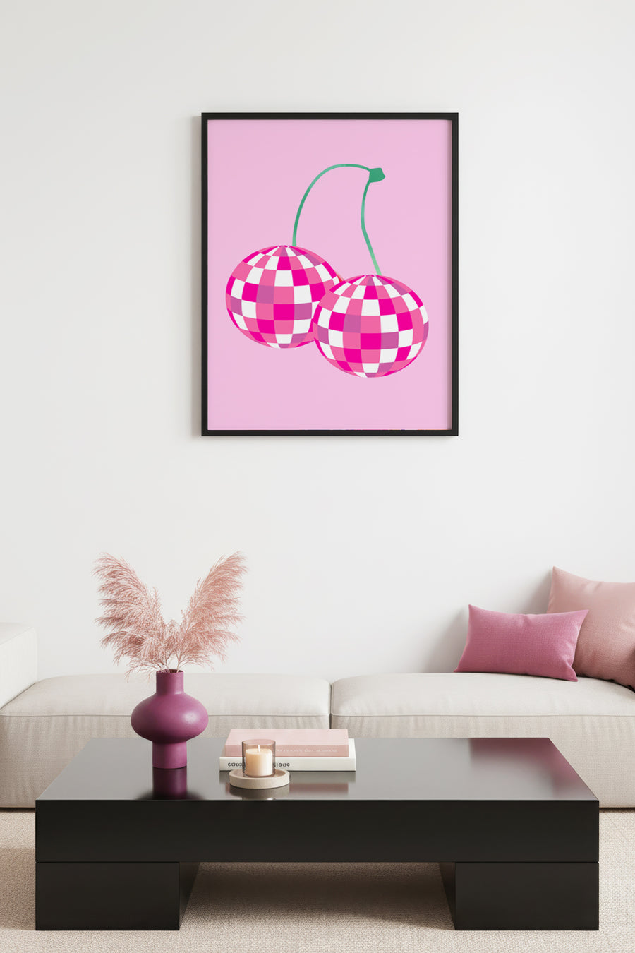 Doğal Ahşap Çerçeveli Retro Tablo - Pembe Beyaz Kareli Pop Art Tasarım | huhu2658