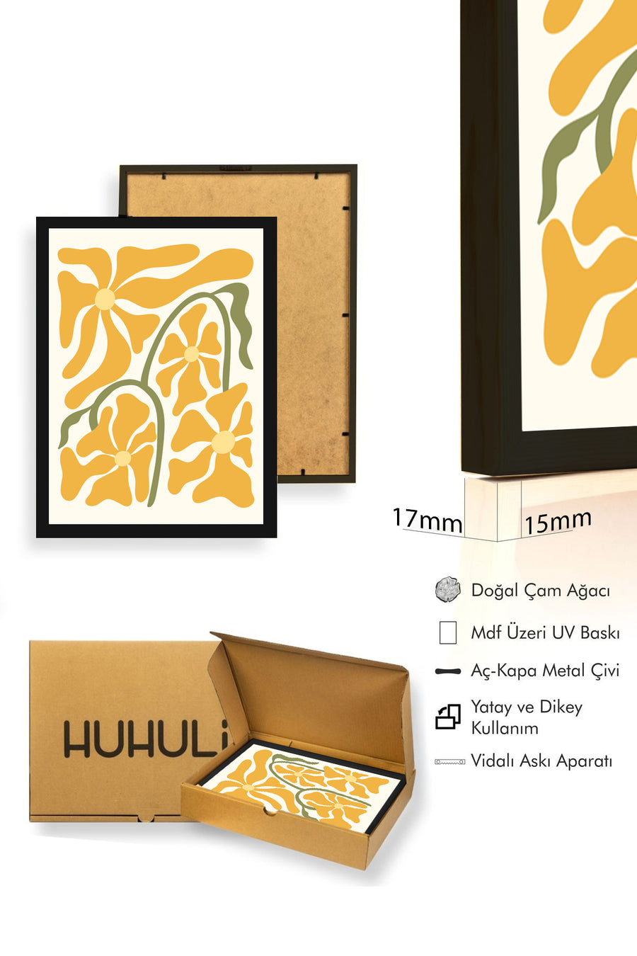 Doğal Ahşap Çerçeveli Retro Floral Tablo - Sarı Yeşil Tonlar | huhu2660