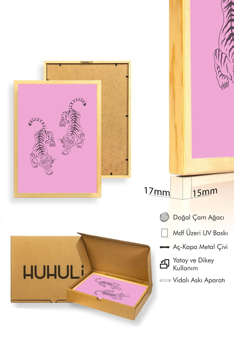 Doğal Ahşap Çerçeveli Retro Tablo - Kaplan Desenli Vintage Hayvan | huhu2662