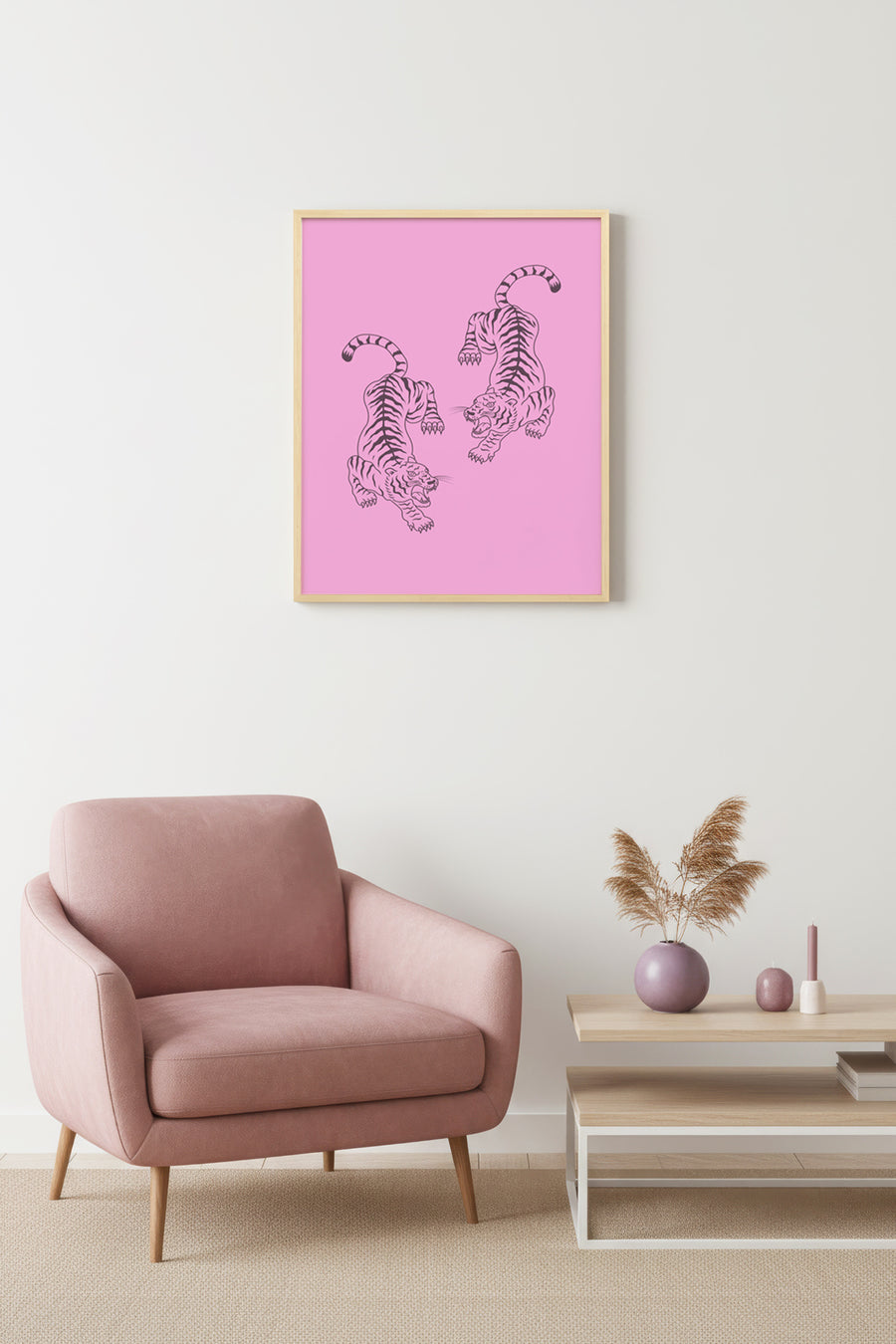 Doğal Ahşap Çerçeveli Retro Tablo - Kaplan Desenli Vintage Hayvan | huhu2662