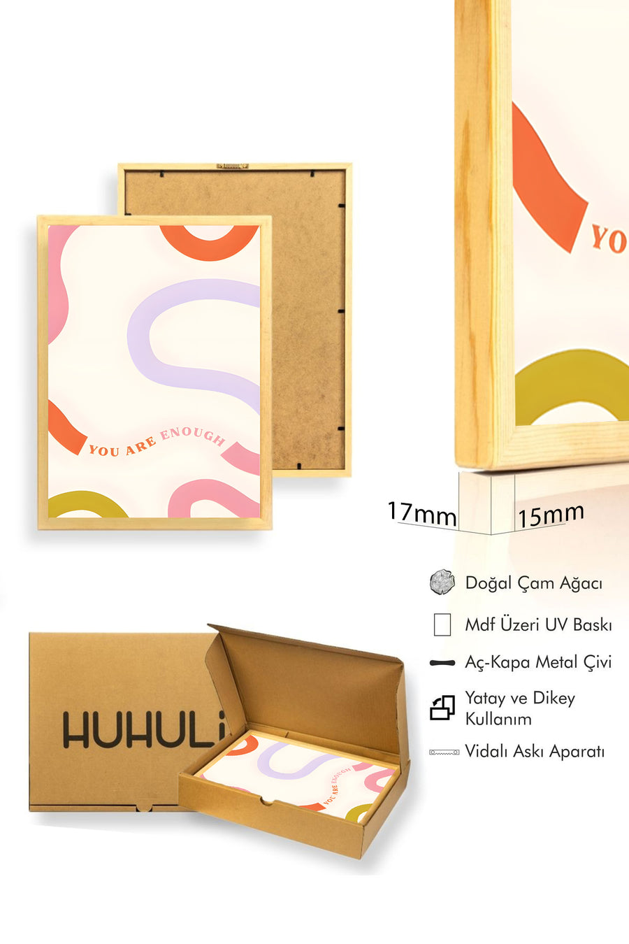 Doğal Ahşap Çerçeveli Retro Abstract Tablo - Pastel Tonlarda Soyut Desen | huhu2663