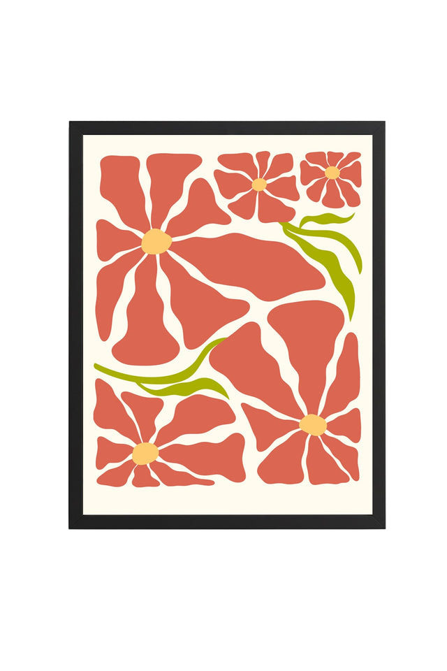 Doğal Ahşap Çerçeveli Retro Floral Tablo - Boho Çiçek Desenli | huhu2664