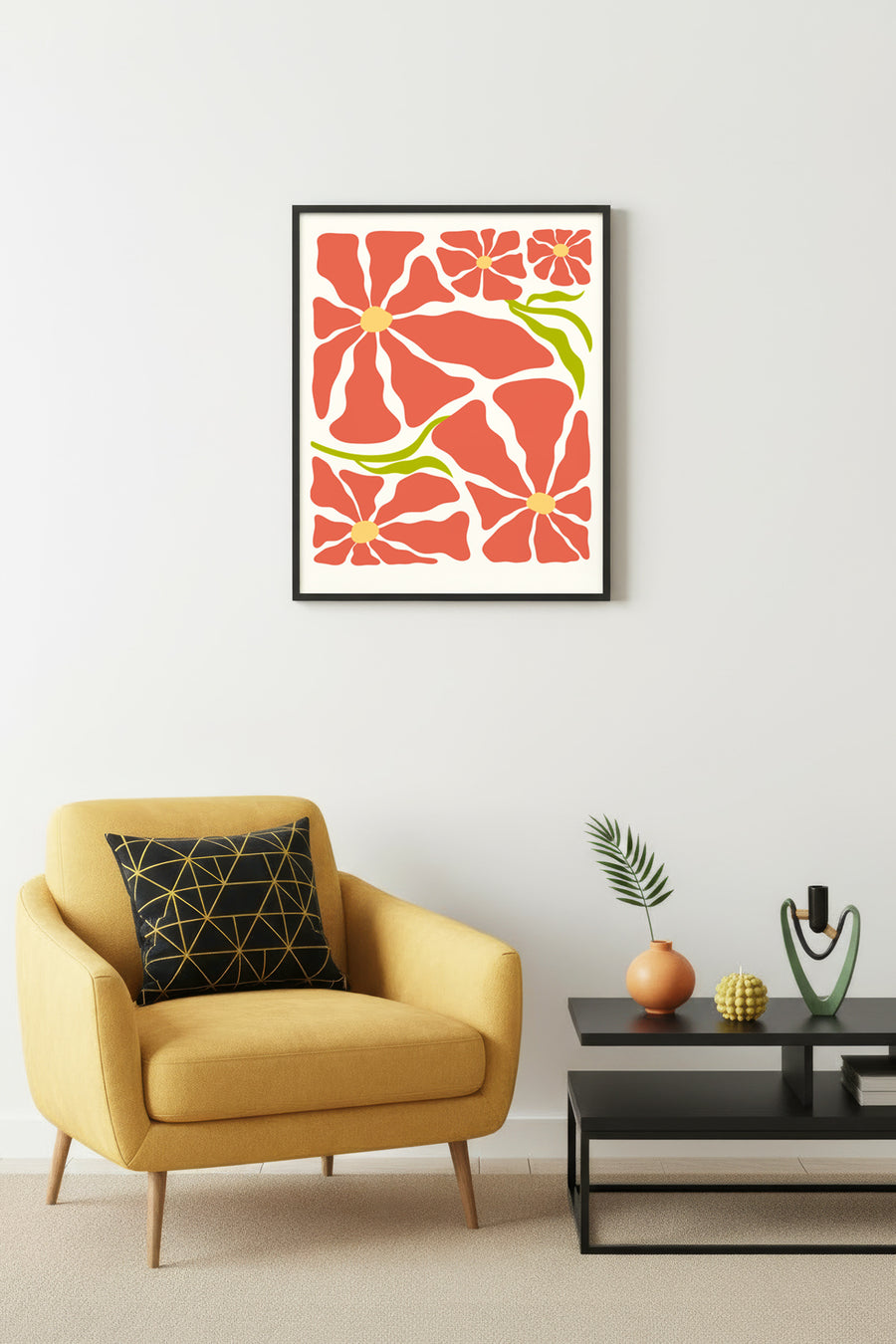Doğal Ahşap Çerçeveli Retro Floral Tablo - Boho Çiçek Desenli | huhu2664