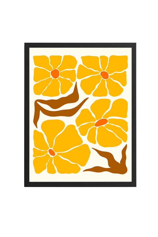 Doğal Ahşap Çerçeveli Retro Floral Tablo - Canlı Sarı Çiçek Desenli | huhu2668