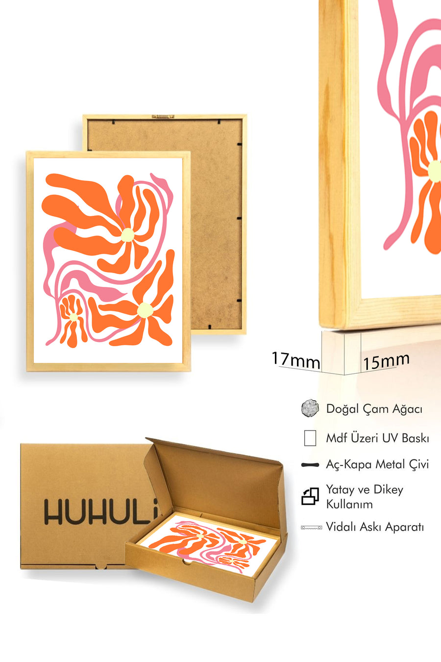 Doğal Ahşap Çerçeveli Retro Soyut Tablo - Turuncu Coral Desen | huhu2669