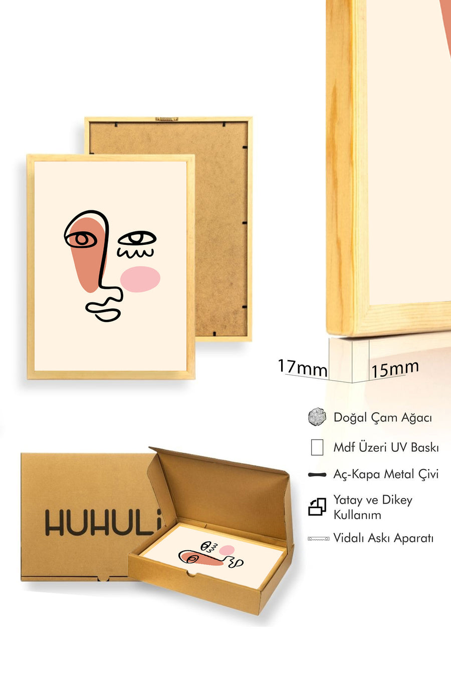 Doğal Ahşap Çerçeveli Soyut Yüz Portresi Tablo - Minimalist Line Art | huhu2671