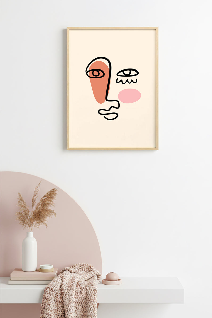 Doğal Ahşap Çerçeveli Soyut Yüz Portresi Tablo - Minimalist Line Art | huhu2671