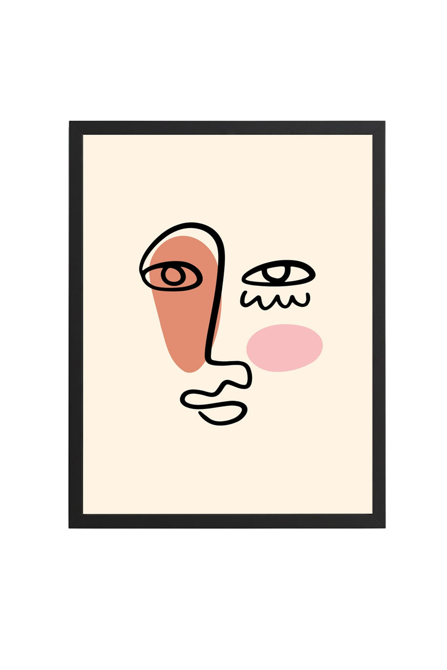 Doğal Ahşap Çerçeveli Soyut Yüz Portresi Tablo - Minimalist Line Art | huhu2671