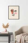 Doğal Ahşap Çerçeveli Soyut Yüz Portresi Tablo - Minimalist Line Art | huhu2671