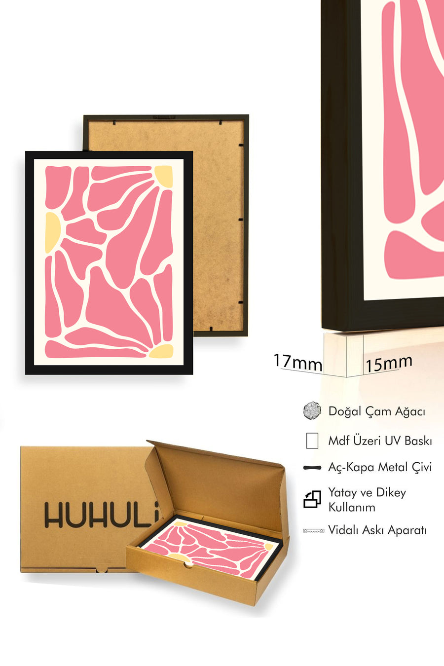 Doğal Ahşap Çerçeveli Soyut Tablo - Mercan Pembe Geometrik Desen | huhu2672