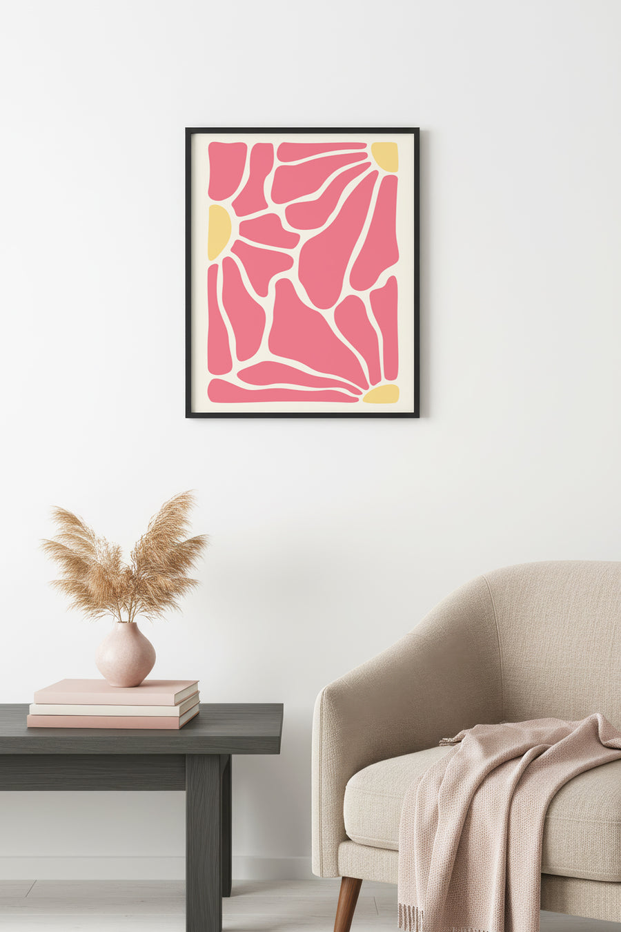 Doğal Ahşap Çerçeveli Soyut Tablo - Mercan Pembe Geometrik Desen | huhu2672