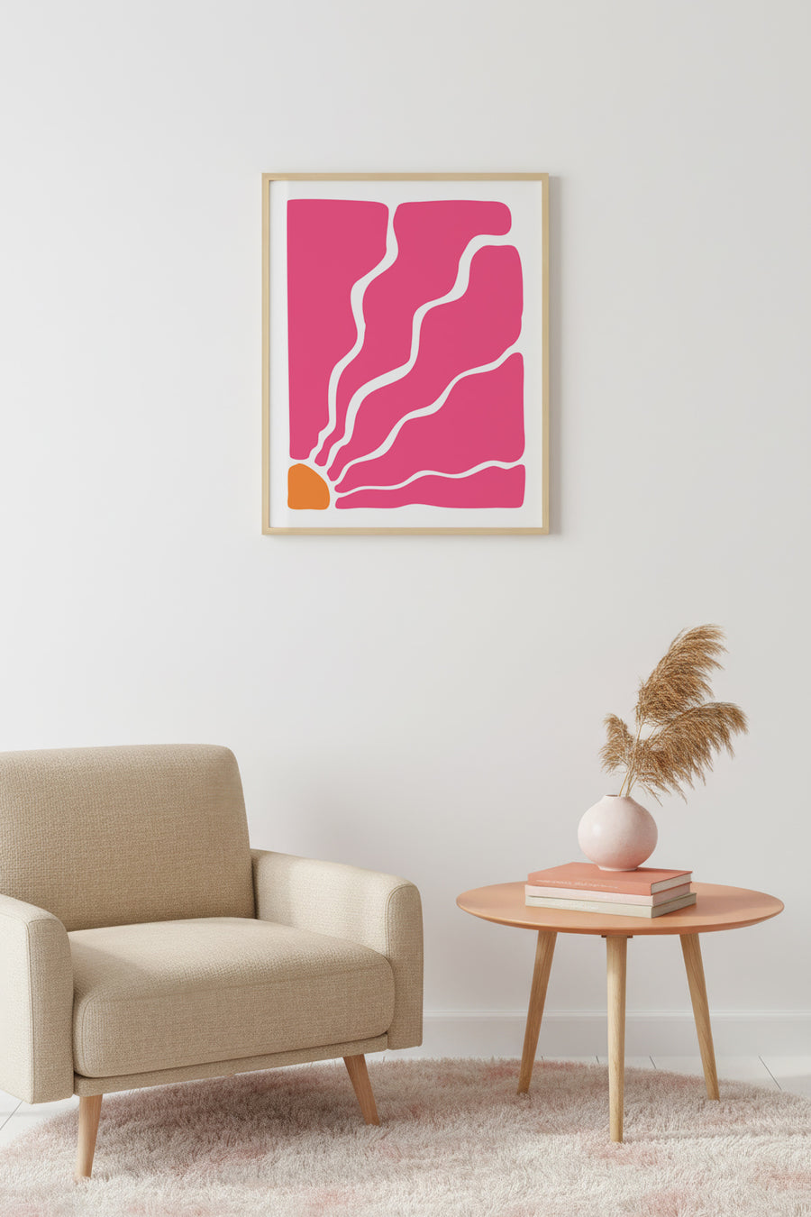 Doğal Ahşap Çerçeveli Retro Soyut Tablo - Coral Pembe Tonlar | huhu2676