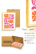 Doğal Ahşap Çerçeveli Retro Floral Tablo - Turuncu Pembe Çiçek Desenli | huhu2678