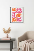 Doğal Ahşap Çerçeveli Retro Floral Tablo - Turuncu Pembe Çiçek Desenli | huhu2678