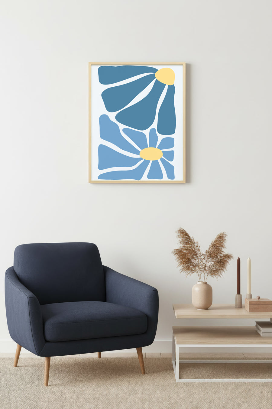 Doğal Ahşap Çerçeveli Retro Floral Tablo - Soyut Mavi Çiçek Desenli | huhu2679