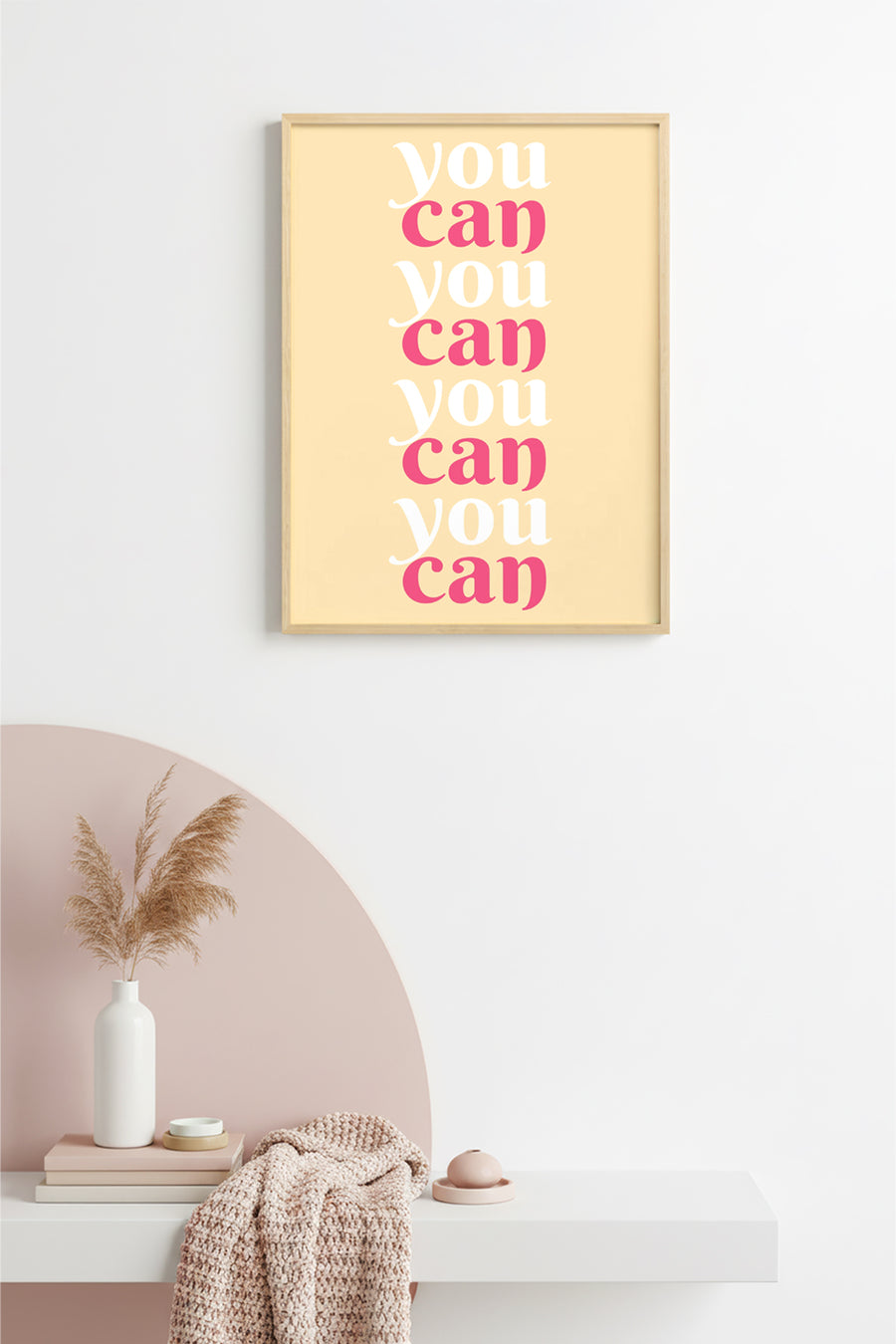 Doğal Ahşap Çerçeveli Retro Tablo - Pembe You Can Yazılı Tipografi | huhu2680