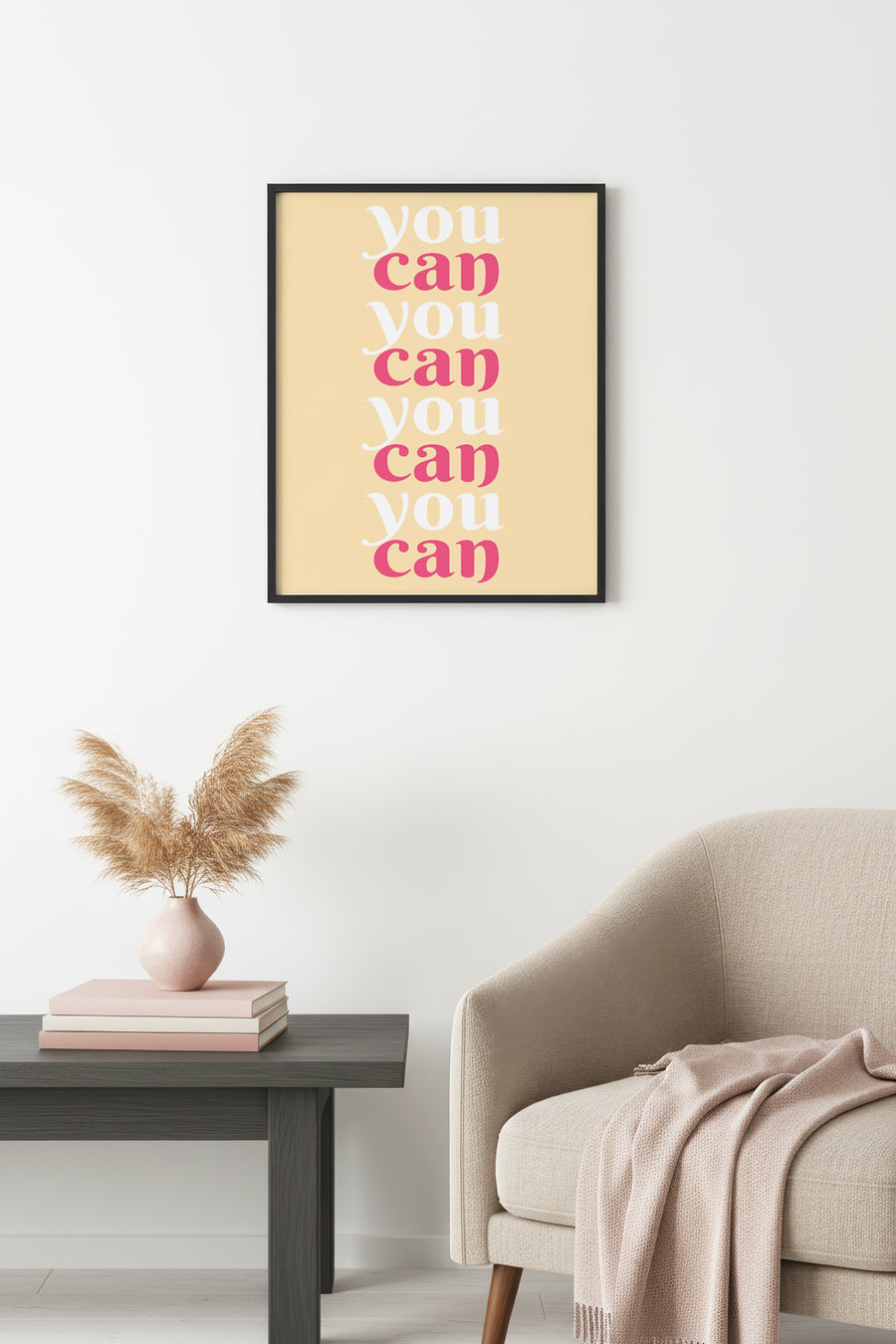 Doğal Ahşap Çerçeveli Retro Tablo - Pembe You Can Yazılı Tipografi | huhu2680