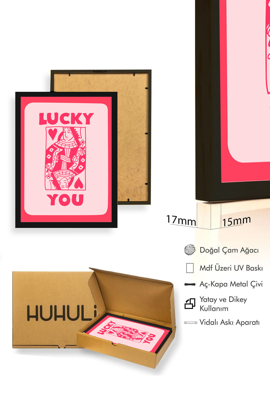 Doğal Ahşap Çerçeveli Retro Pop Art Tablo - Lucky You Kadın İllüstrasyonu | huhu2681