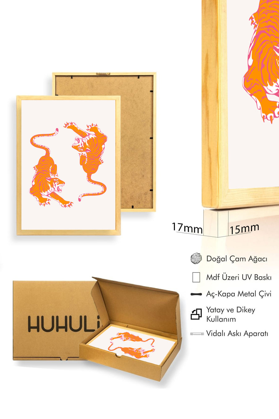 Doğal Ahşap Çerçeveli Retro Kaplan Tablo - Canlı Pop Art Sanat | huhu2683