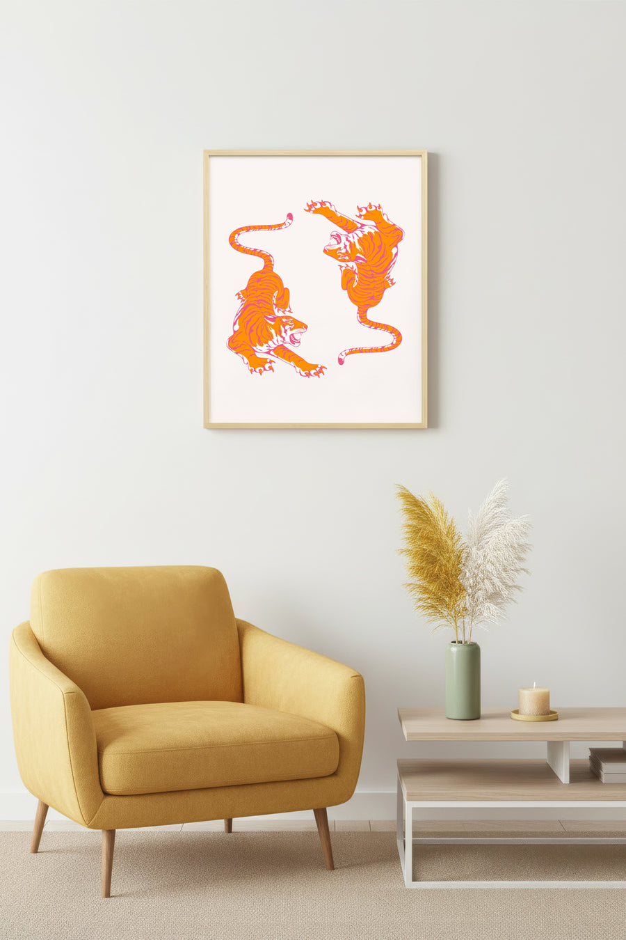 Doğal Ahşap Çerçeveli Retro Kaplan Tablo - Canlı Pop Art Sanat | huhu2683