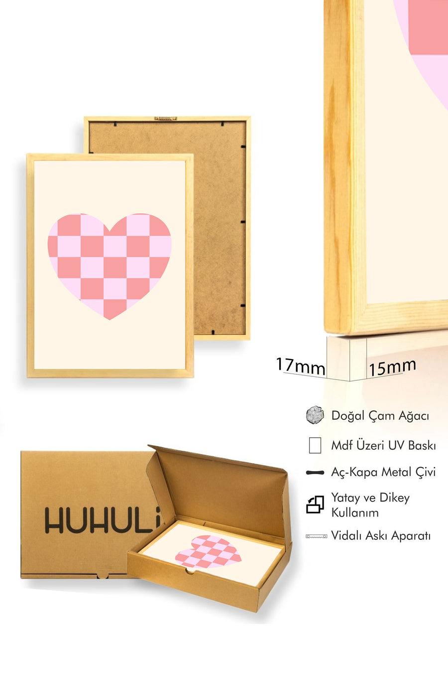 Doğal Ahşap Çerçeveli Kalpli Retro Tablo - Pembe Damalı Kalp Tasarımı | huhu2685