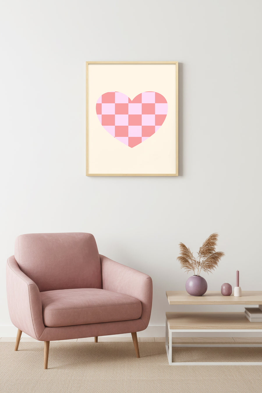 Doğal Ahşap Çerçeveli Kalpli Retro Tablo - Pembe Damalı Kalp Tasarımı | huhu2685