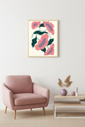 Doğal Ahşap Çerçeveli Retro Floral Tablo - Pembe Yeşil Çiçek Desenli | huhu2688