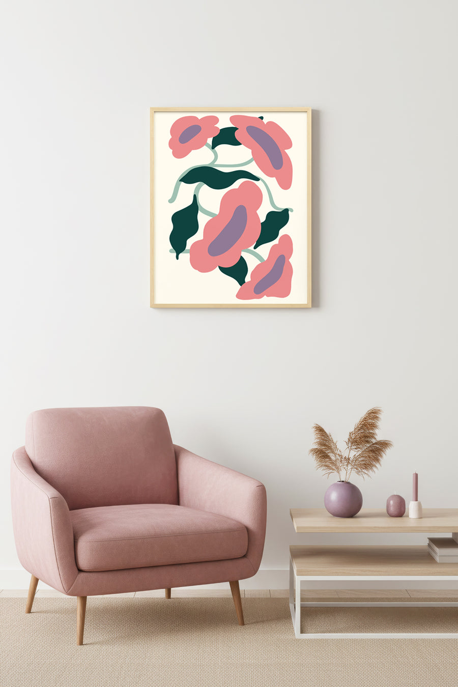 Doğal Ahşap Çerçeveli Retro Floral Tablo - Pembe Yeşil Çiçek Desenli | huhu2688