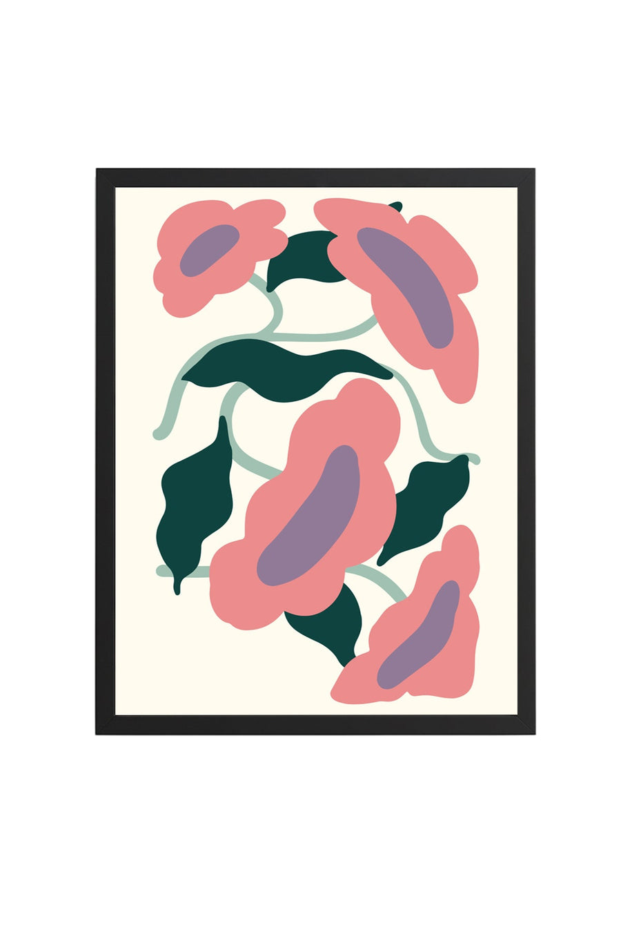 Doğal Ahşap Çerçeveli Retro Floral Tablo - Pembe Yeşil Çiçek Desenli | huhu2688