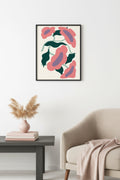 Doğal Ahşap Çerçeveli Retro Floral Tablo - Pembe Yeşil Çiçek Desenli | huhu2688