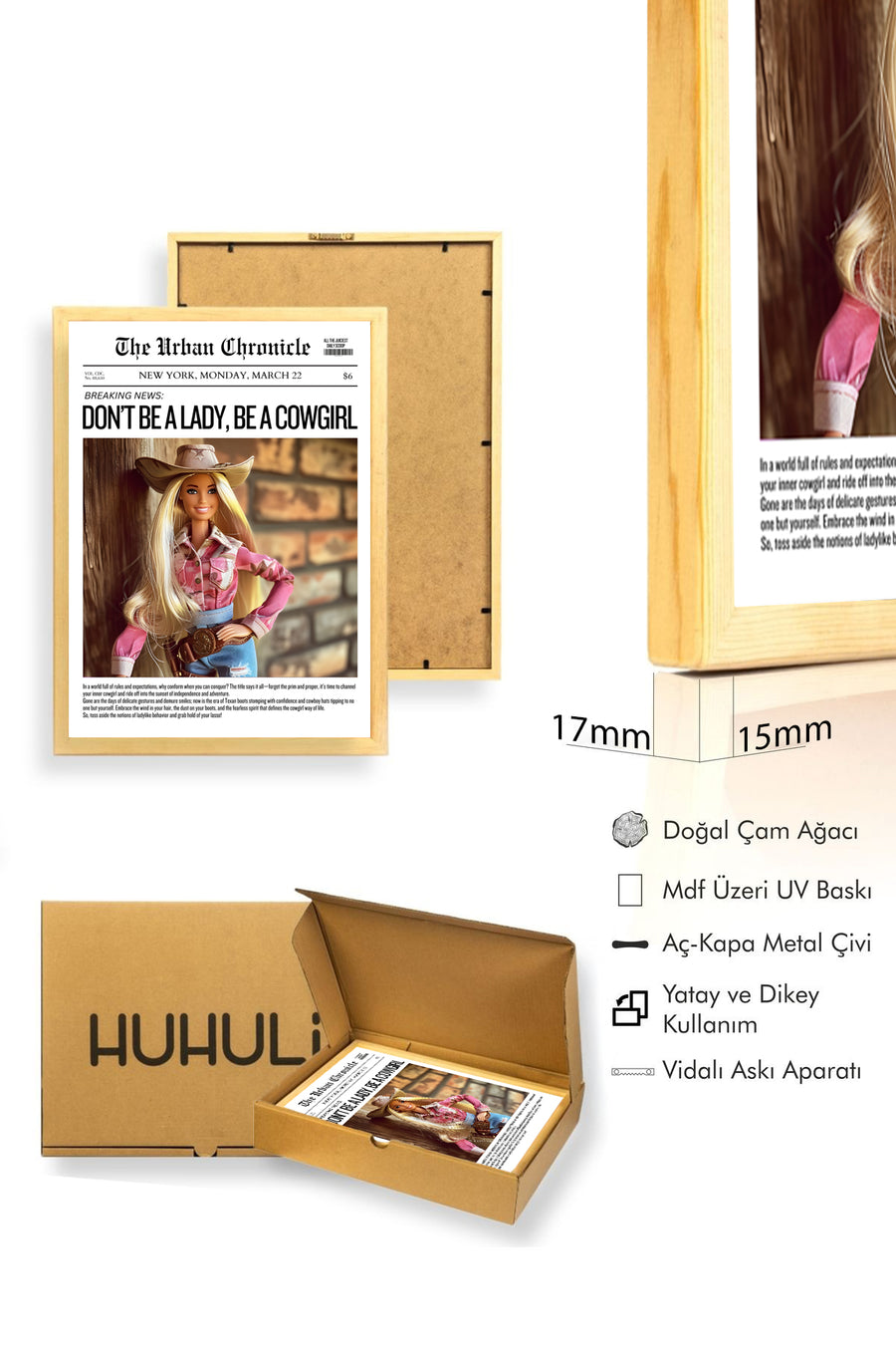Doğal Ahşap Çerçeveli Retro Tablo - Western Cowgirl Temalı | huhu2689