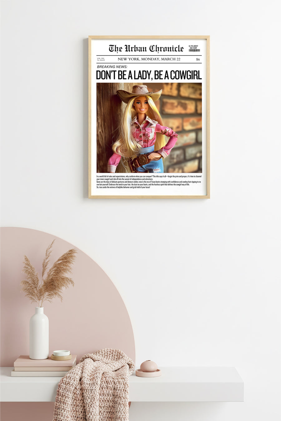 Doğal Ahşap Çerçeveli Retro Tablo - Western Cowgirl Temalı | huhu2689