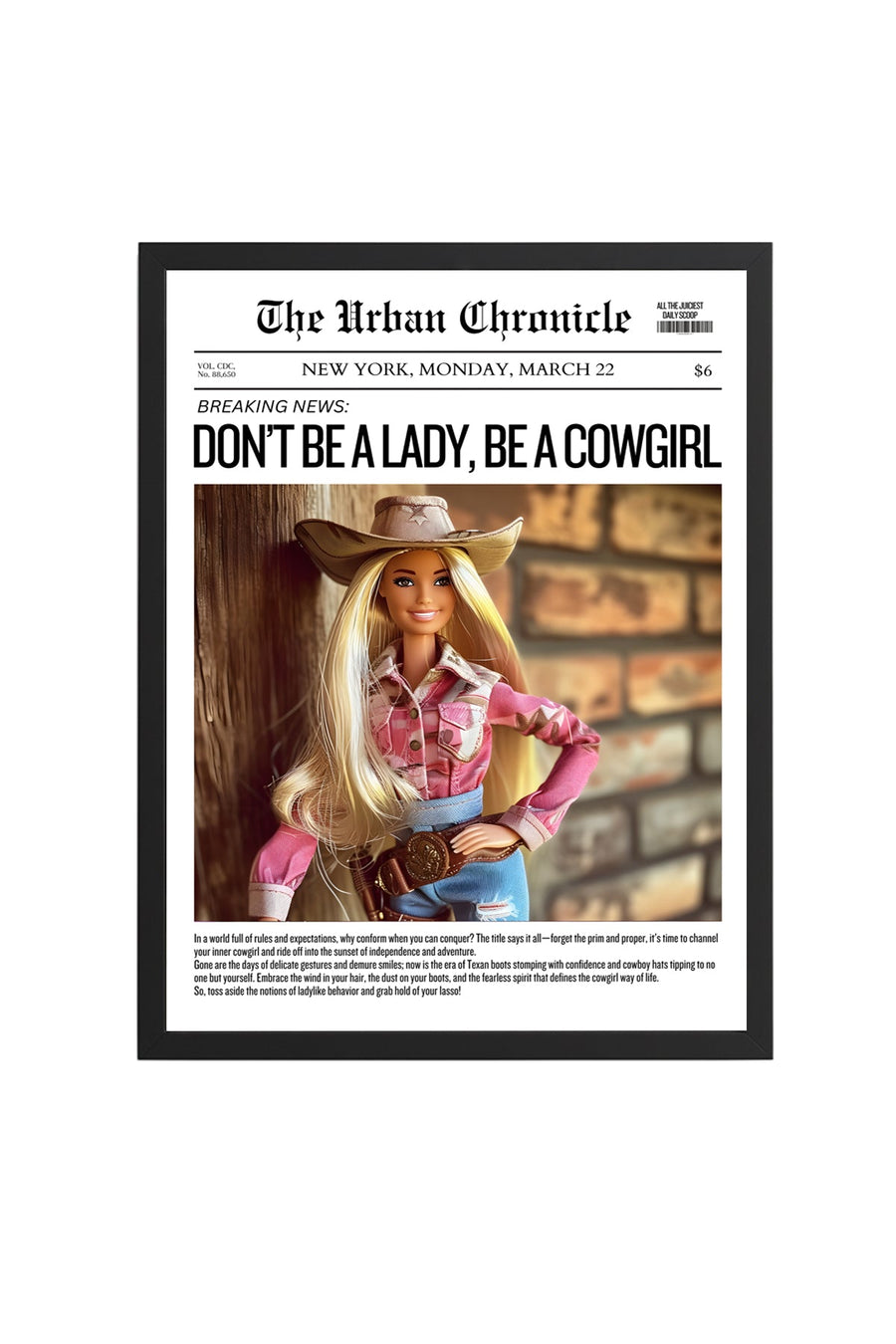 Doğal Ahşap Çerçeveli Retro Tablo - Western Cowgirl Temalı | huhu2689
