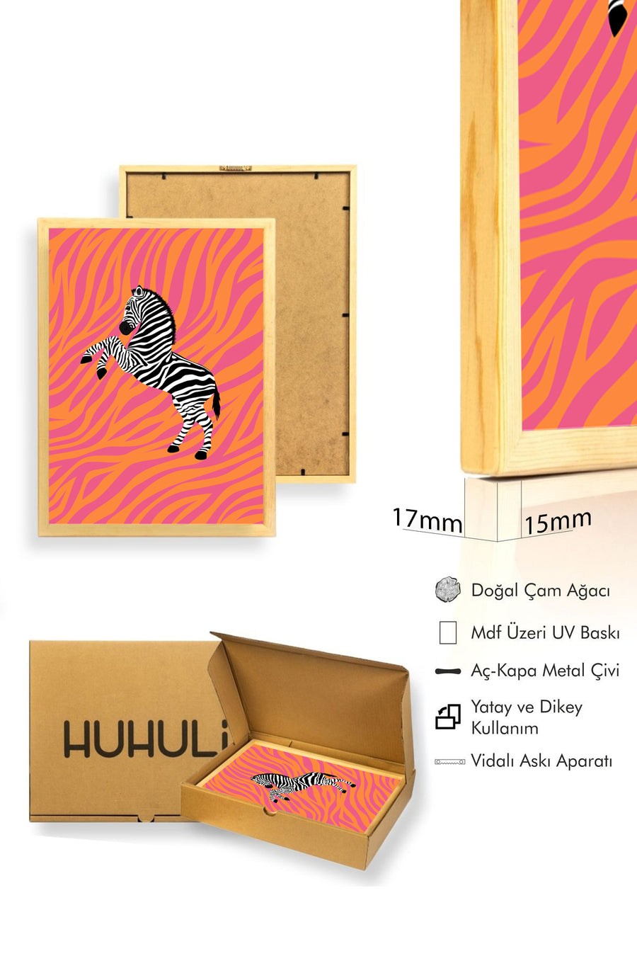 Doğal Ahşap Çerçeveli Retro Zebra Tablo - Canlı Desenli Hayvan Figürü | huhu2692