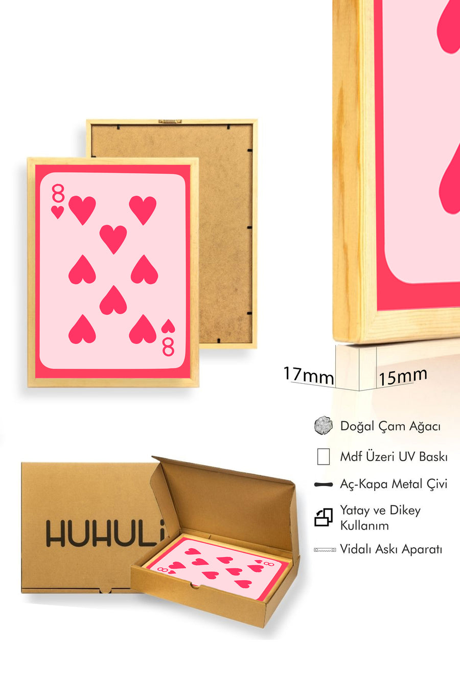 Doğal Ahşap Çerçeveli Retro Kalp Tablo - Oyun Kartı Desenli | huhu2693